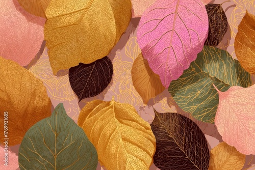 A colorful arrangement of stylized leaves in warm autumnal hues, with intricate vein detail.