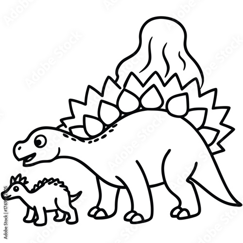 Cartoon stegosaurus and baby dinosaur with a large tail on white background Keywords: dinosaur