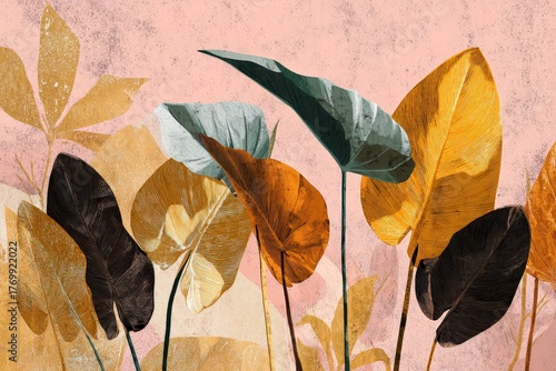 A vibrant display of tropical leaves in warm gold, dusky black, and muted greens against a pale pink backdrop.