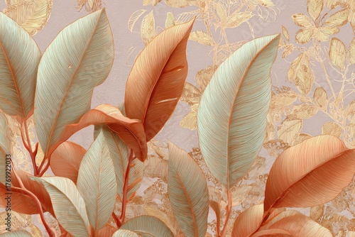 A close-up view of a vibrant botanical design, featuring detailed leaves in shades of muted orange and pale green, set against a backdrop of delicate gold leaf patterns on a soft mauve background.