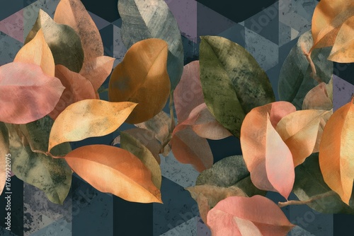 A vibrant arrangement of autumnal leaves in muted tones, set against a geometric backdrop, exudes a tranquil and artistic ambiance.