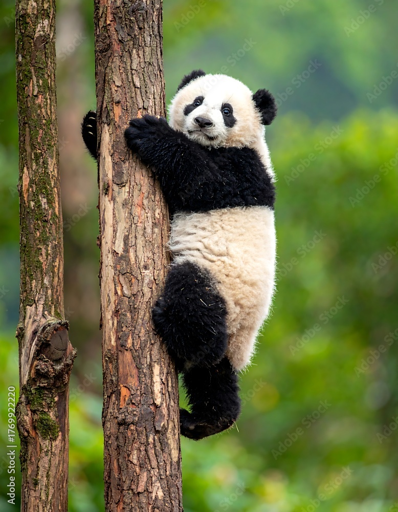 Obraz premium Fluffy panda climbs a tree trunk in a lush, green forest environment