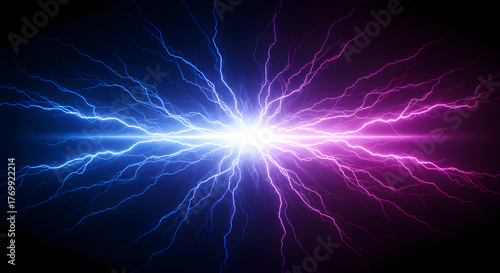 Vibrant collision of blue and pink electrical energy bolts.