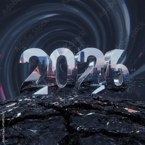 Number 2026 with metallic chrome finish