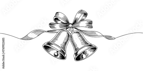 Detailed black and white drawing of two Christmas bells tied with a ribbon bow. Elegant festive illustration for holiday and winter designs.