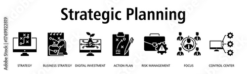 Strategic Planning banner web icon vector illustration concept with icon of strategy, business strategy, digital investment, action plan, risk management