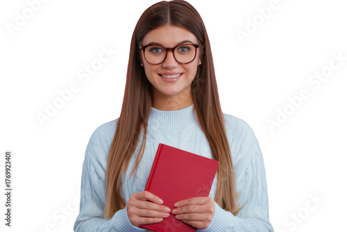 smiling student woman holding red book, isolated on background