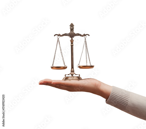 scales of justice on hand, isolated on white background.