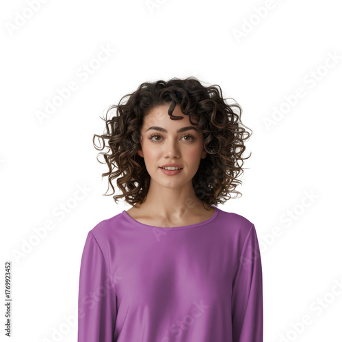 portrait of young woman with curly hair, isolated on background