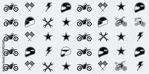 set of motocross racing design elements including motorcycles helmets checkered flags stars and lightning bolts perfect for vector illustration automotive decoration decals and creative motorsport gra