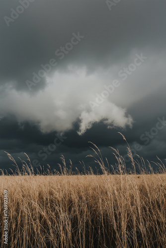 Dark sky looming over tall grassy plain