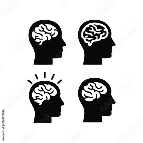 Human mind and creativity concept icons, featuring head silhouettes with brains to illustrate thinking, intelligence, and new ideas