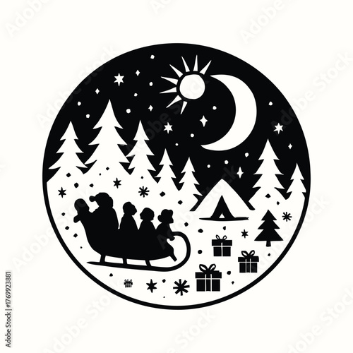 A black and white circular silhouette of Santa in his sleigh flying over a snowy winter forest with a camping tent and gifts under a night sky