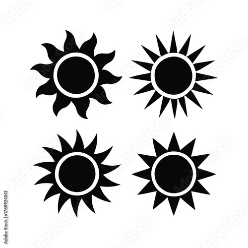 Set of sun icon variations for weather and design elements, black outline, vector illustration