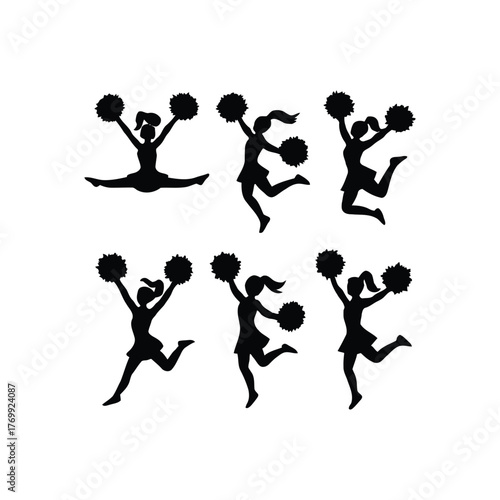 Energetic collection of cheerleader silhouettes in dynamic jumping and kicking poses, proudly holding pom-poms, perfect for illustrating athletic events, team spirit, and celebratory graphic designs