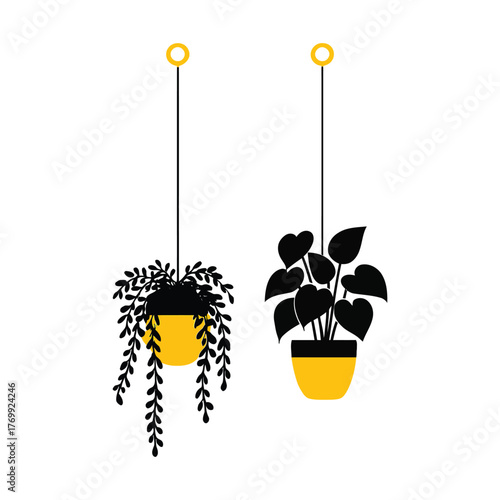 Two hanging potted plants, one with trailing leaves and the other with heart-shaped leaves, depicted in a simple, modern style
