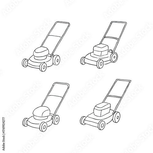 Collection of simplified line drawings of lawnmowers in different perspectives