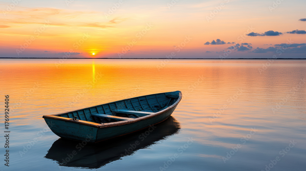 Fototapeta premium Serene boat floats on calm water during vibrant orange sunset, creating peaceful atmosphere