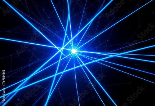 Intricate network of intersecting blue laser beams in dark space,   powerful,  pattern