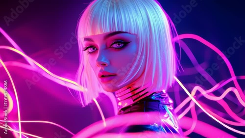 Futuristic woman with vibrant, colorful hairstyle shines against neon light backdrop, exuding energy and confidence in dazzling scene