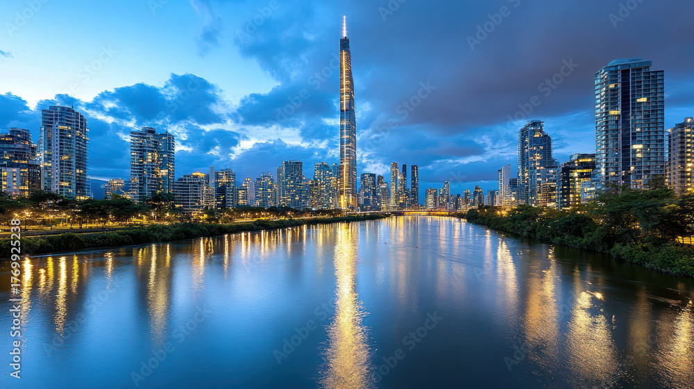 Naklejka premium Skyline reflecting on water with modern buildings and tall tower under cloudy sky