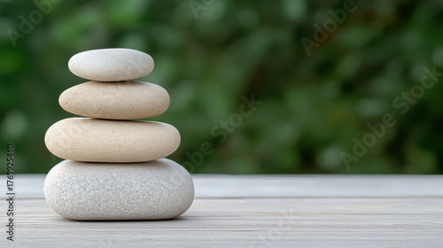 Balanced stones create serene atmosphere, symbolizing harmony and tranquility