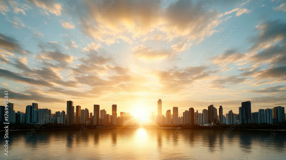 Obraz premium Stunning skyline at sunset with soft atmospheric glow reflecting on water surface