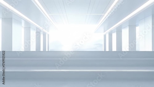 Futuristic Architectural Design with Bright White Light and Stairs.