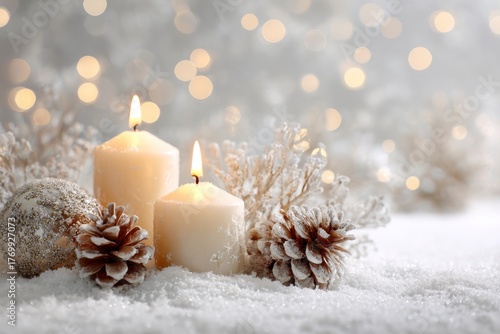 Two glowing candles on sparkling snow with frosted pinecones and a festive ornament. Soft bokeh creates a warm, magical, cozy winter ambiance, perfect for holiday greetings and seasonal celebrations.
