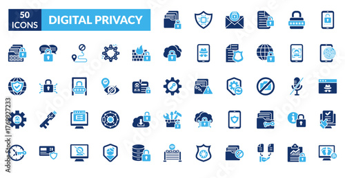 Digital Privacy Dual Tone Icon Set. Private Data, Data Protection, Secure Email, Locked Files, Password Security, Two Factor Authentication, Fingerprint Id