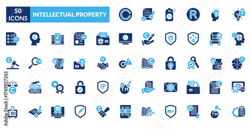 Intellectual Property Dual Tone Icon Set. Ip Rights, Copyright Symbol, Patent Document, Trademark Tag, Registered Mark, Intellectual Property, Licensing Agreement