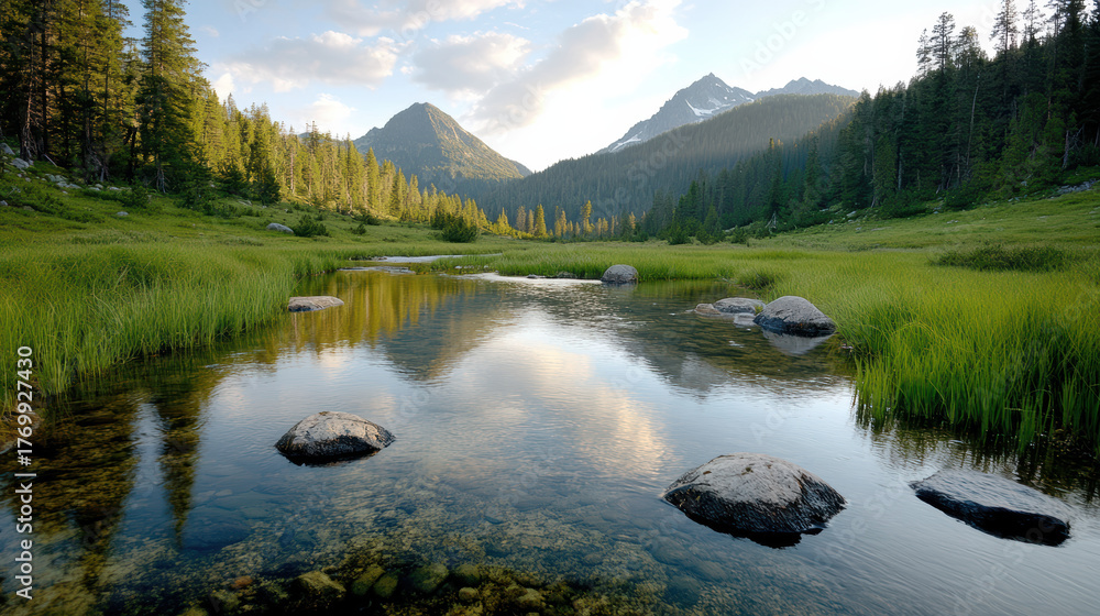 Naklejka premium Lush green valley reflecting serene mountains and clear sky creates tranquil atmosphere