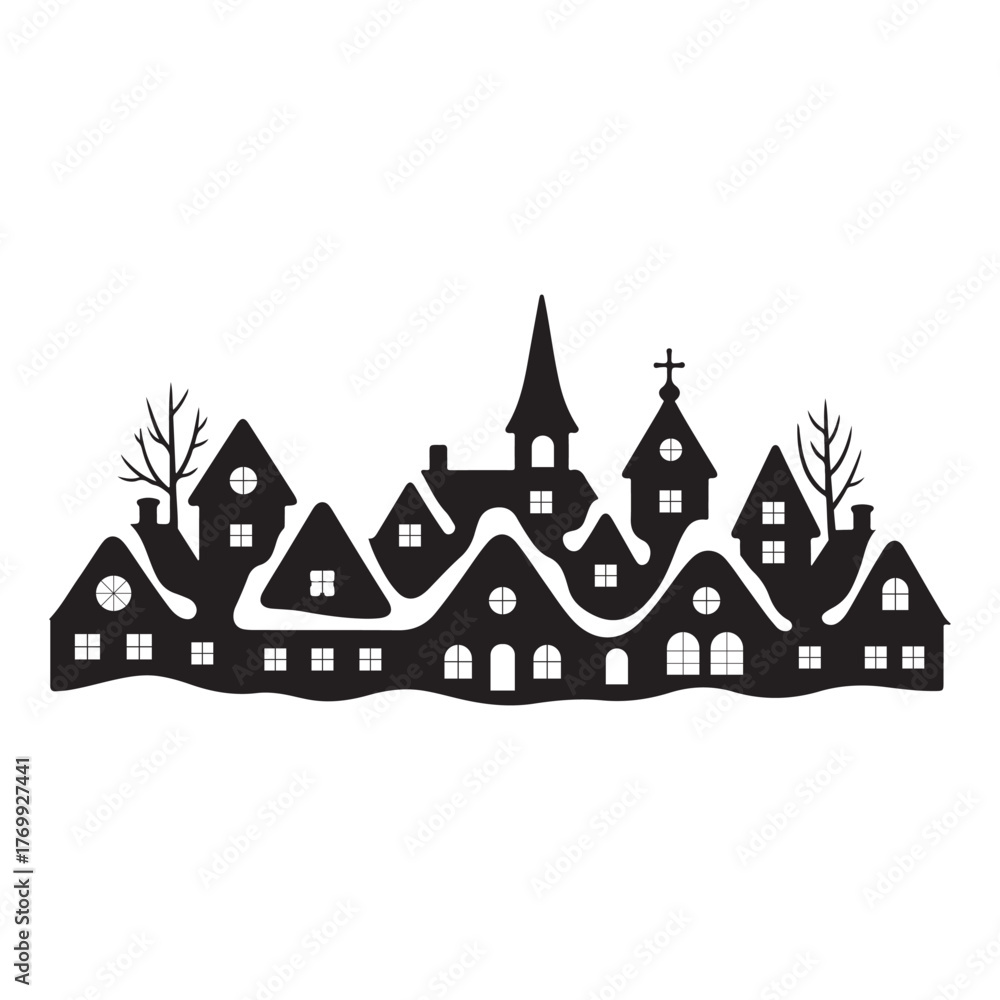 Fototapeta premium Cozy Christmas Village Silhouette Vector Illustration, Snow & Twinkling Lights.