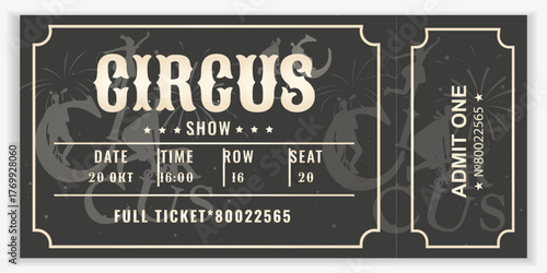 Vintage circus ticket in monochrome style. Dark background, silhouettes of artists, and fireworks. Perfect for shows, events, and invitations. Vector template for printing and web.