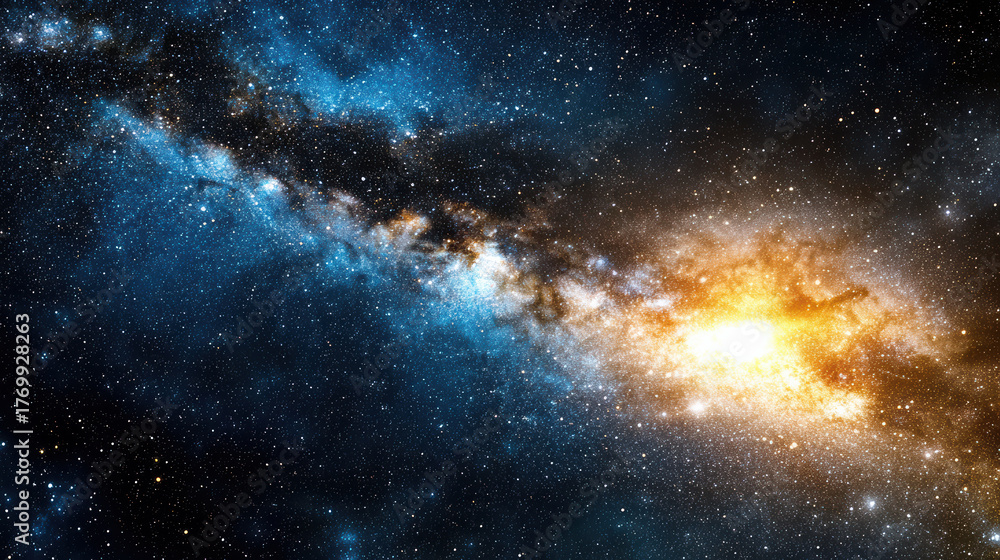 Fototapeta premium Vibrant galaxy with bright stars and cosmic dust, showcasing deep blues and fiery orange hues
