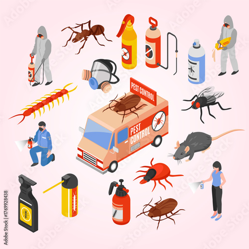 Isometric Pest Control Service Team and Equipment Illustration in Detail