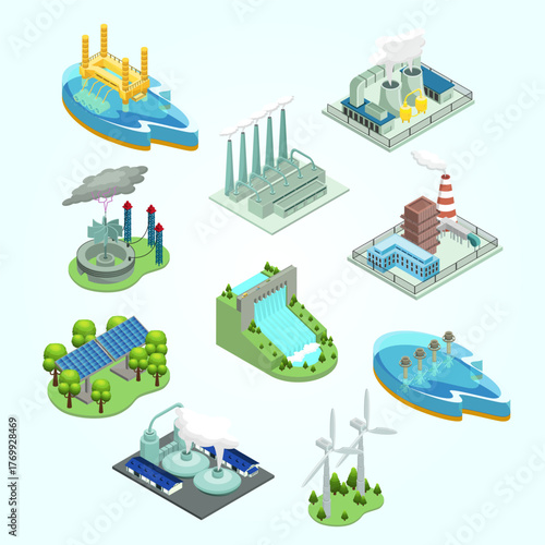Isometric Style Clean Energy Generation Plant and Power Source Illustration