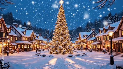 Twinkling Christmas Tree in Snowy Village - A festive Christmas tree shines brightly in a snow-covered village, creating a cozy wintry scene.