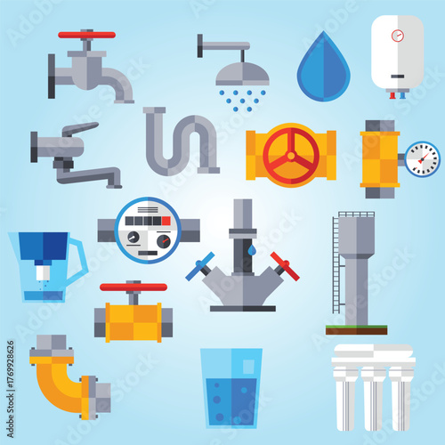 Flat Design Plumbing and Water System Related Object Icon Set Illustration