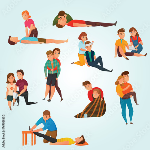 Cartoon Illustration First Aid and Emergency Assistance Action for People
