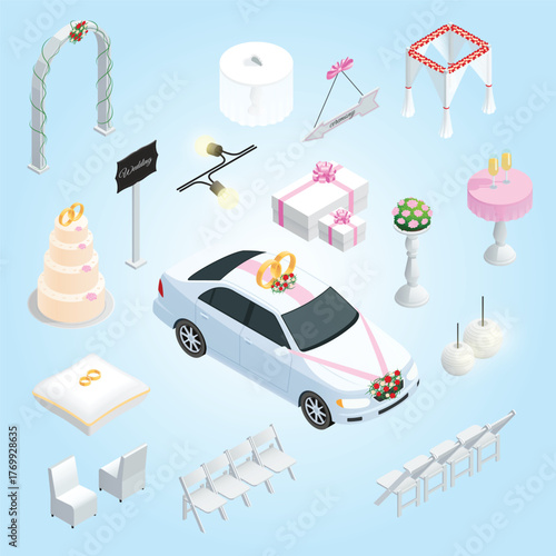 Isometric Wedding Decoration Element for Ceremony and Celebration with Cake Car