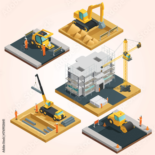 Isometric Construction Site Detailed with Machinery and Building Under Development
