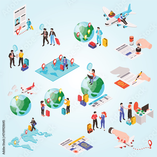 Isometric Detailed International Business Travel Concept with Airplane and Globe