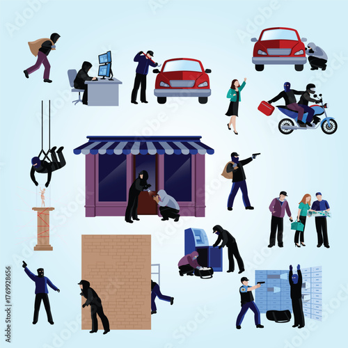 Flat Illustrated Criminal Activity Depicting Theft and Robbery in Various Locations