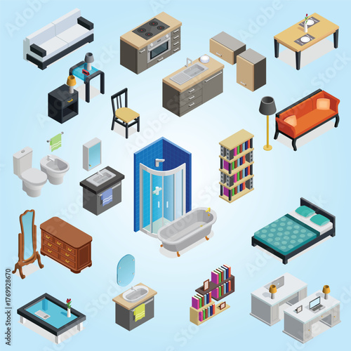 Isometric Detailed Furniture Element Interior Design Decorative Illustration in Room Style