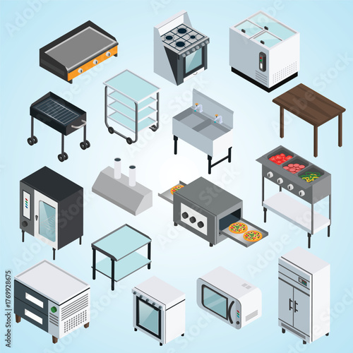 Isometric Detailed Commercial Kitchen Appliance and Equipment Complete Collection Set