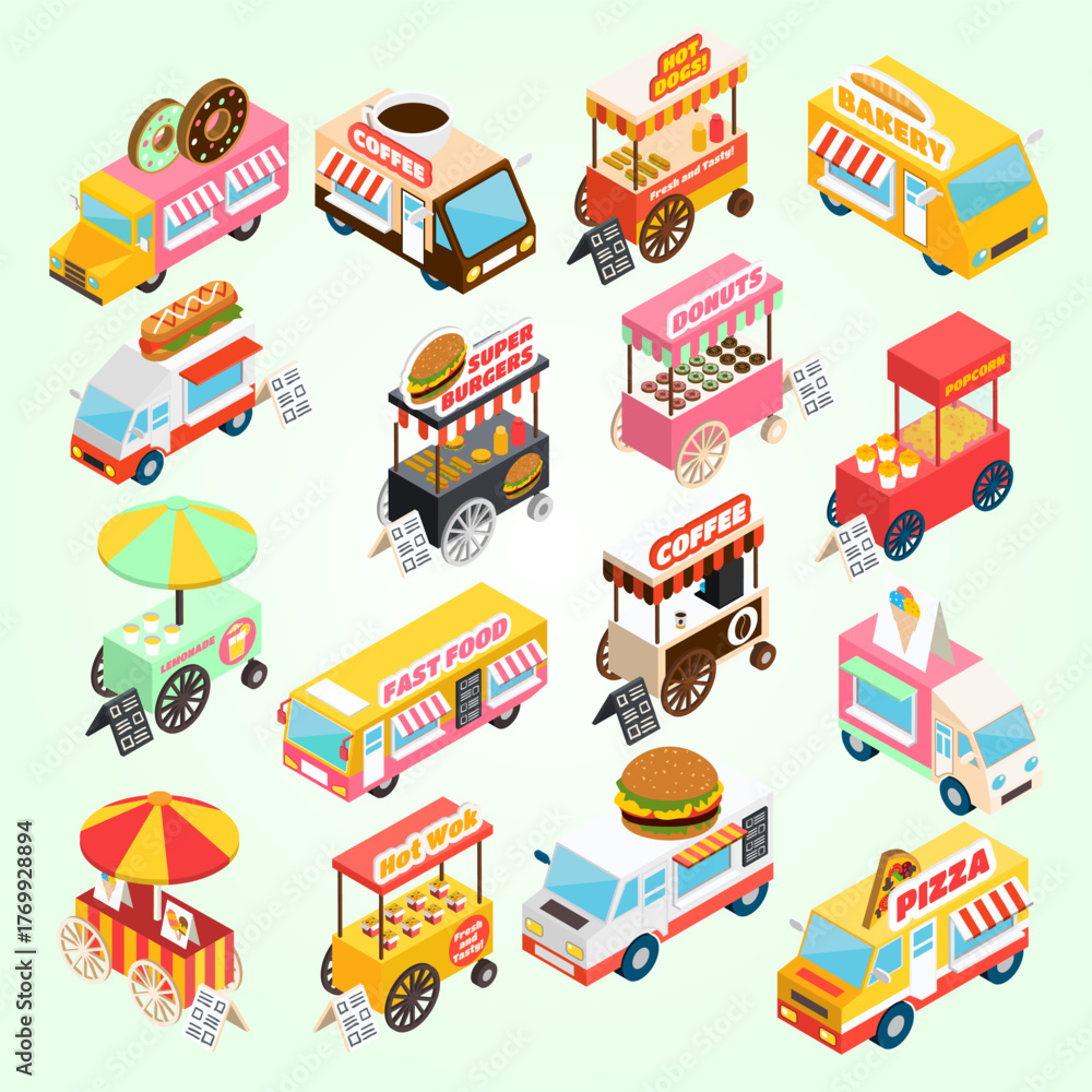 Naklejka premium Isometric Detailed Food Truck Cart Stand Stall Vendor Illustration Set