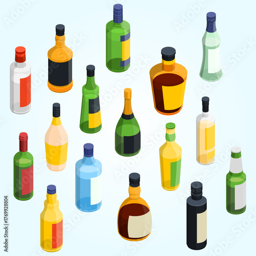 Isometric Various Alcohol Bottle Illustration with Label Design on Background