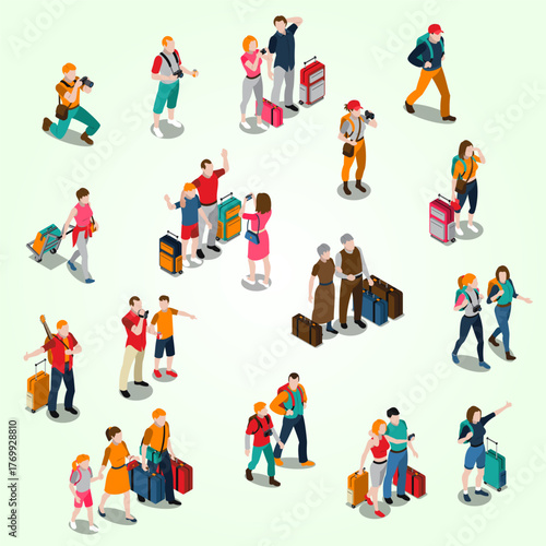 Isometric Diverse Tourist Crowd with Luggage and Camera Illustration on Plain Background