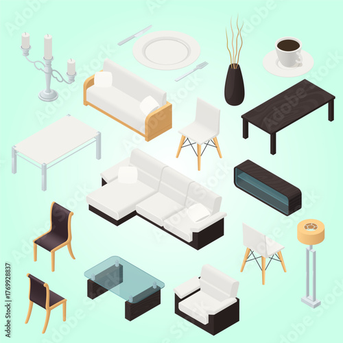 Isometric Detailed Living Room Furniture Interior Design Element Illustration